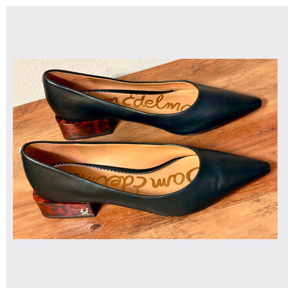 Sam Edelman Black Leather Pointed-Toe Leopard Block Heel Pump size 10